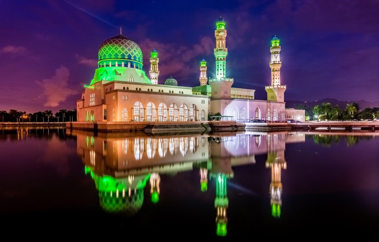 1332x850 Wallpaper light, night, the city, reflection, mosque, Kota Kinabalu, Kota Kinabalu image for desktop, section город