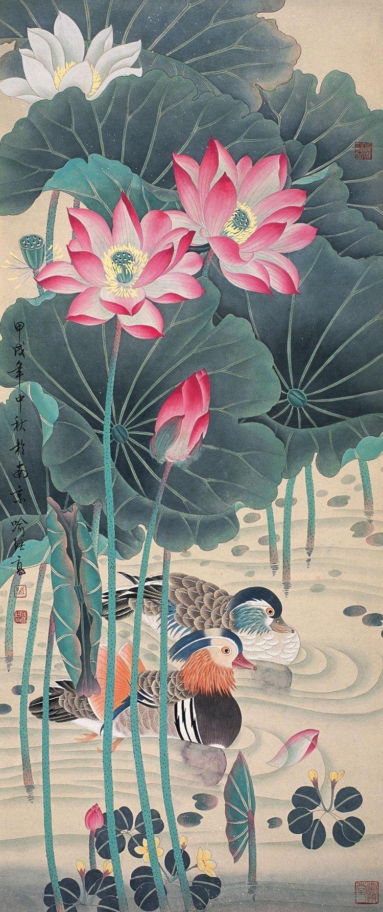 750x1783 Oriental painting of lotus flowers with ducks. Beautiful Magical