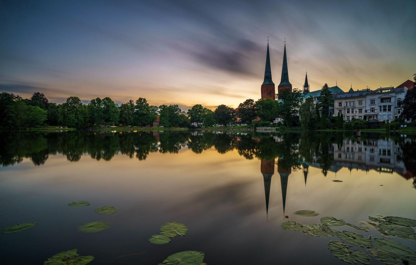 1332x850 Wallpaper pond, Germany, Church, Cathedral, Germany, Lübeck, Lübeck Cathedral image for desktop, section город