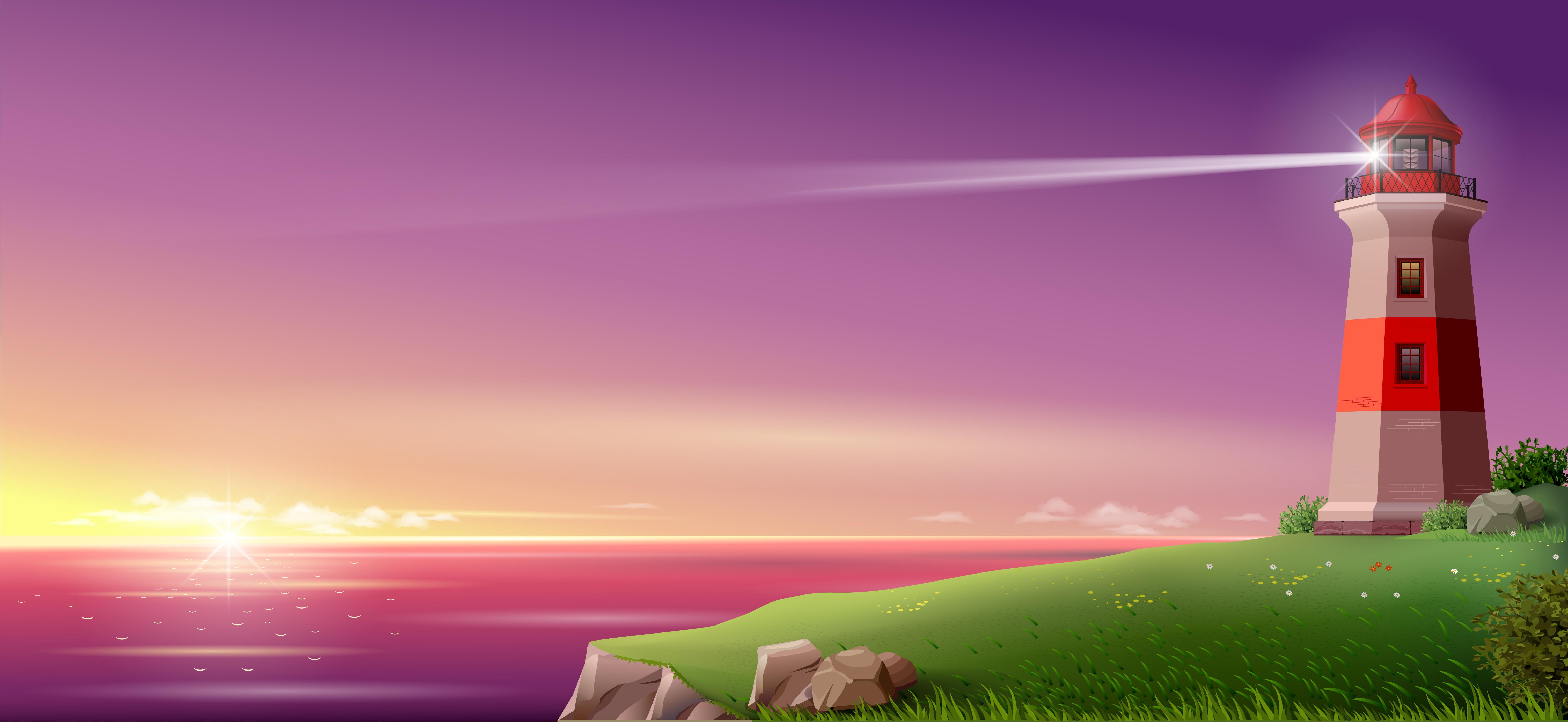 6058x2791 Realistic lighthouse on a green hill above the sea on night. Wide banner or Wallpaper. Vector illustration