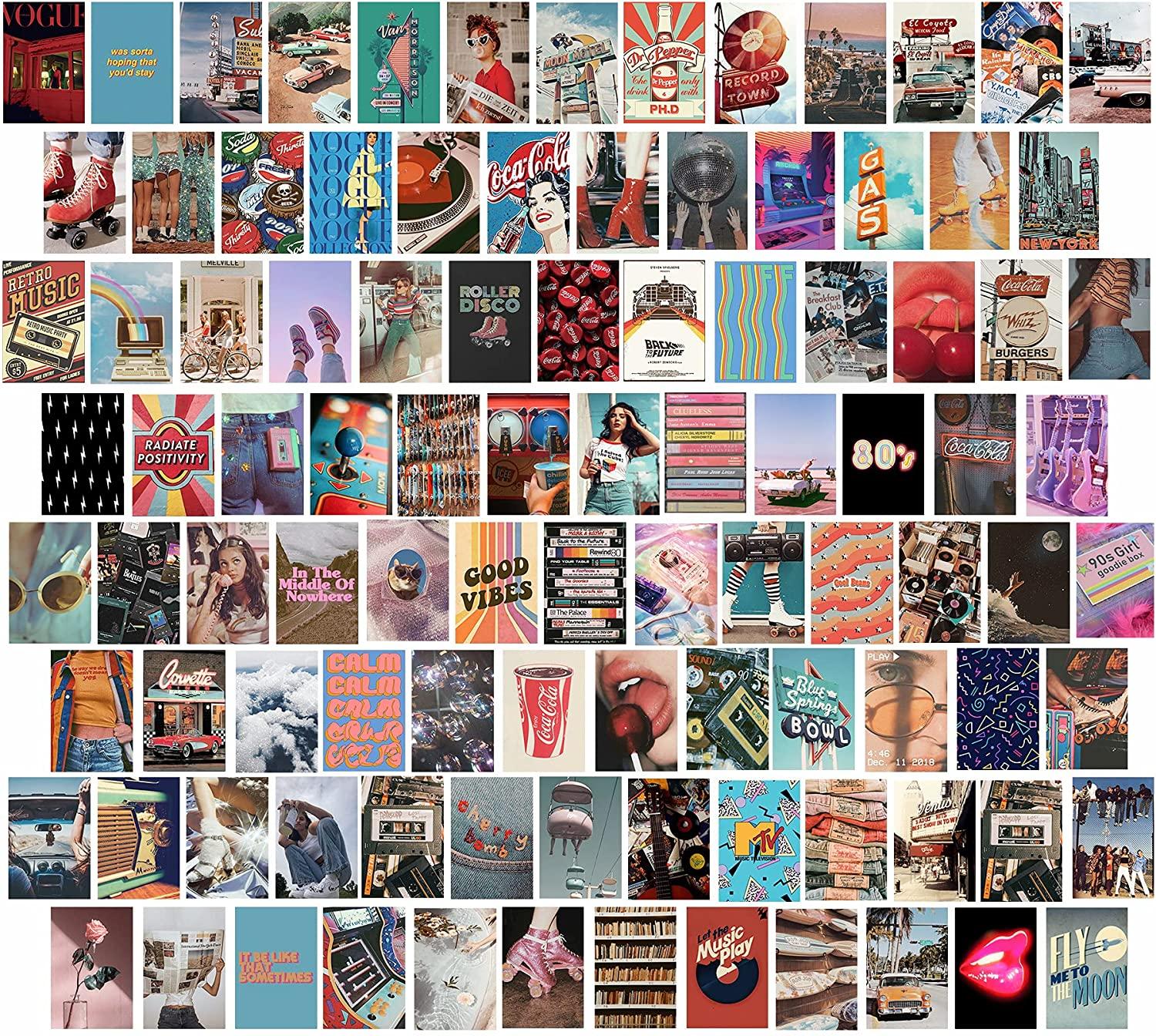 1500x1344 KOSKIMER 100PCS Retro 80s Wall Collage Kit Aesthetic Picture, 100 Set 4x6 Inch, Retro Room Decor for Girls, VSCO Posters for Bedroom, Photo Collage kit, Dorm Room Wall Decor, Colorful Wall