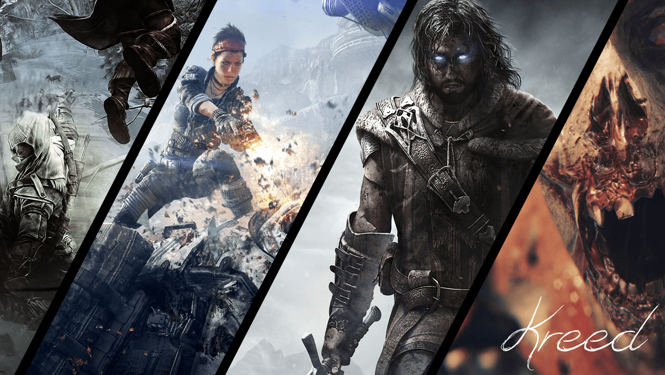 1360x768 video games, collage, Titanfall, Assassins Creed, Middle earth Shadow of Mordor, screenshot, computer wallpaper, album cover, action film HD Wallpaper
