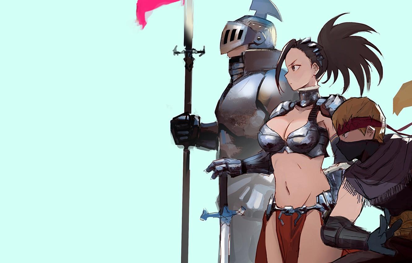 1332x850 Wallpaper girl, sword, armor, anime, weapons, digital art, warrior, fantasy art, knight, pearls, spear, simple background, Boku no Hero Academy, Presence Of Momo, arwork, Ojiro Mashirao image for desktop, section сэйнэн