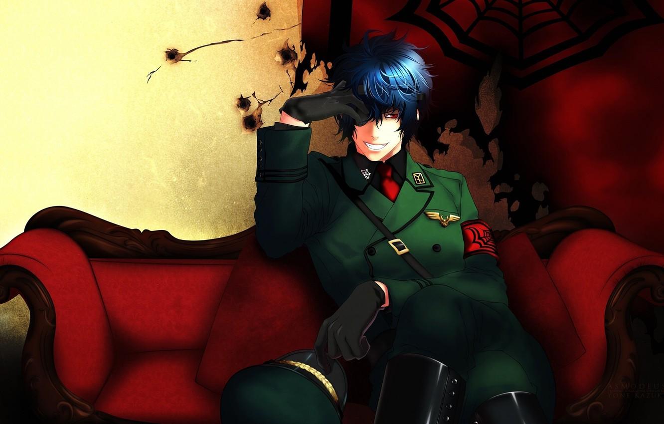 1332x850 Wallpaper smile, sofa, gloves, emblem, cap, art, military uniform, yone kazuki, asmodeus image for desktop, section прочее