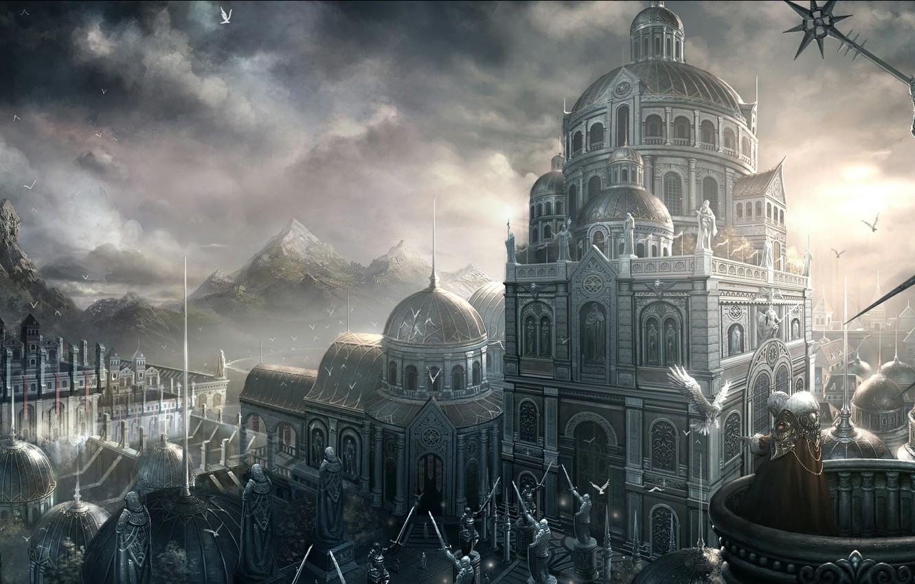 1332x850 Wallpaper landscape, mountains, castle, bird, fantasy, art, temple, male, balcony, statues, Chao Yuan Xu image for desktop, section фантастика