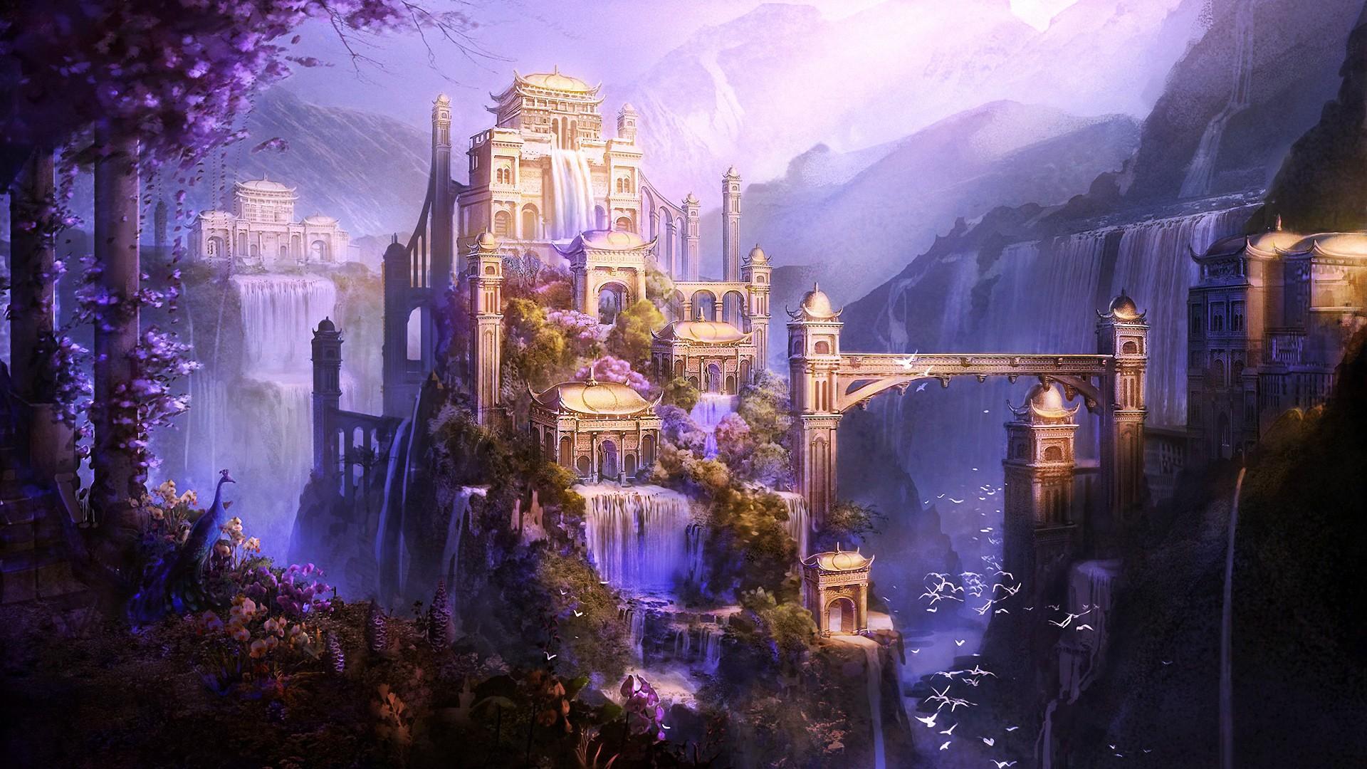1920x1080 #castle, #fantasy Art, #Shangri La, #waterfall, #city, #artwork, #mountains, Wallpaper. Mocah HD Wallpaper