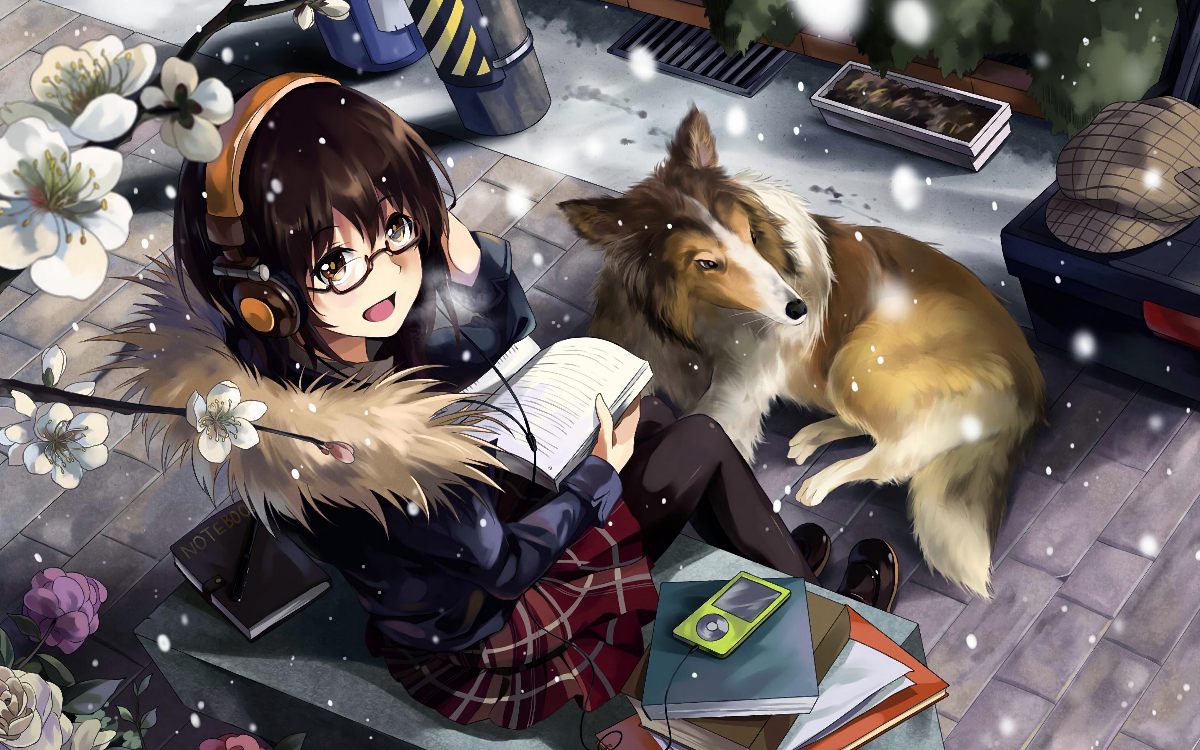 3840x2400 Anime Girl Snowing Dog 4K Wallpaper