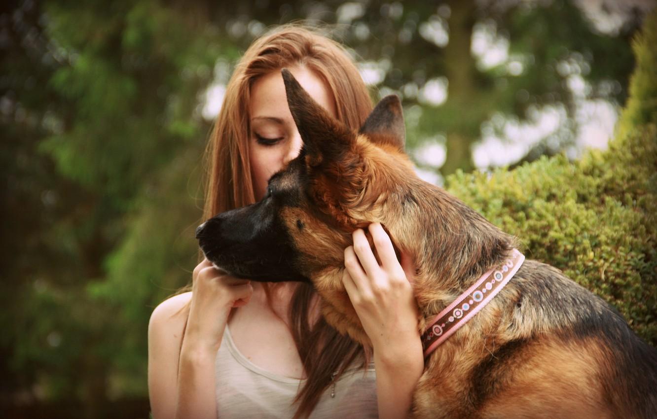 1332x850 Wallpaper girl, dog, pet, German Shepherd image for desktop, section настроения