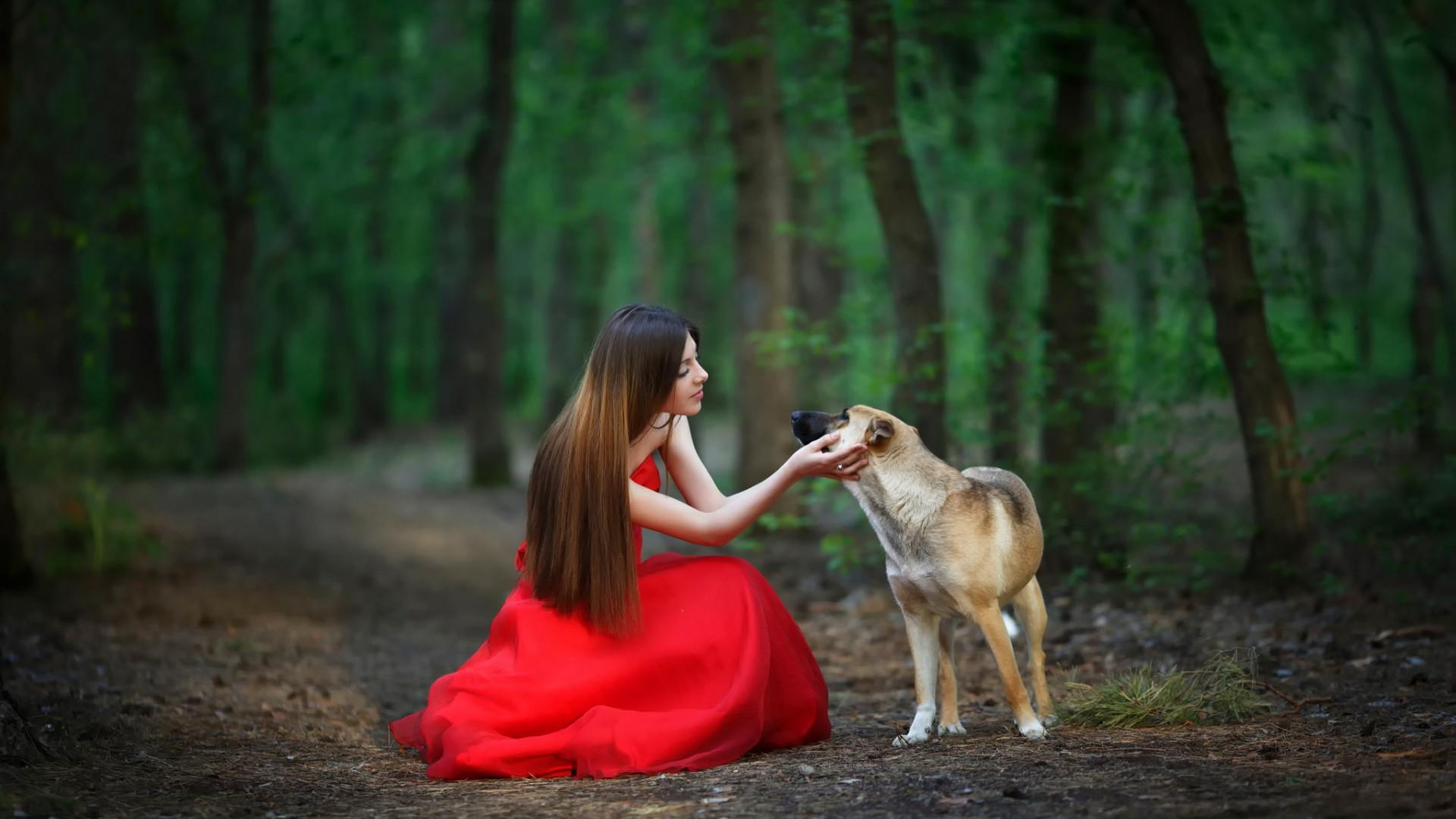 1920x1080 Red dress, forest, girl, dog, landscape wallpaper