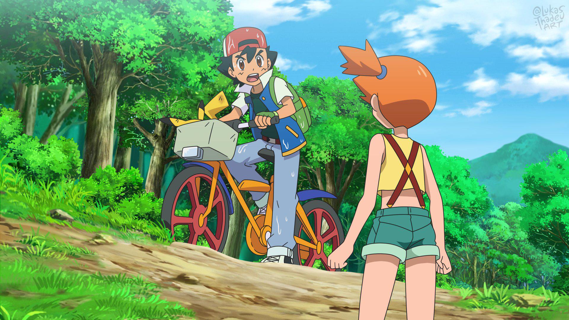 1920x1080 Ash Ketchum Bike Black Hair Boy Brown Eyes Cap Girl Misty Orange Hair Pikachu Pokemon HD Pokemon Wallpaper