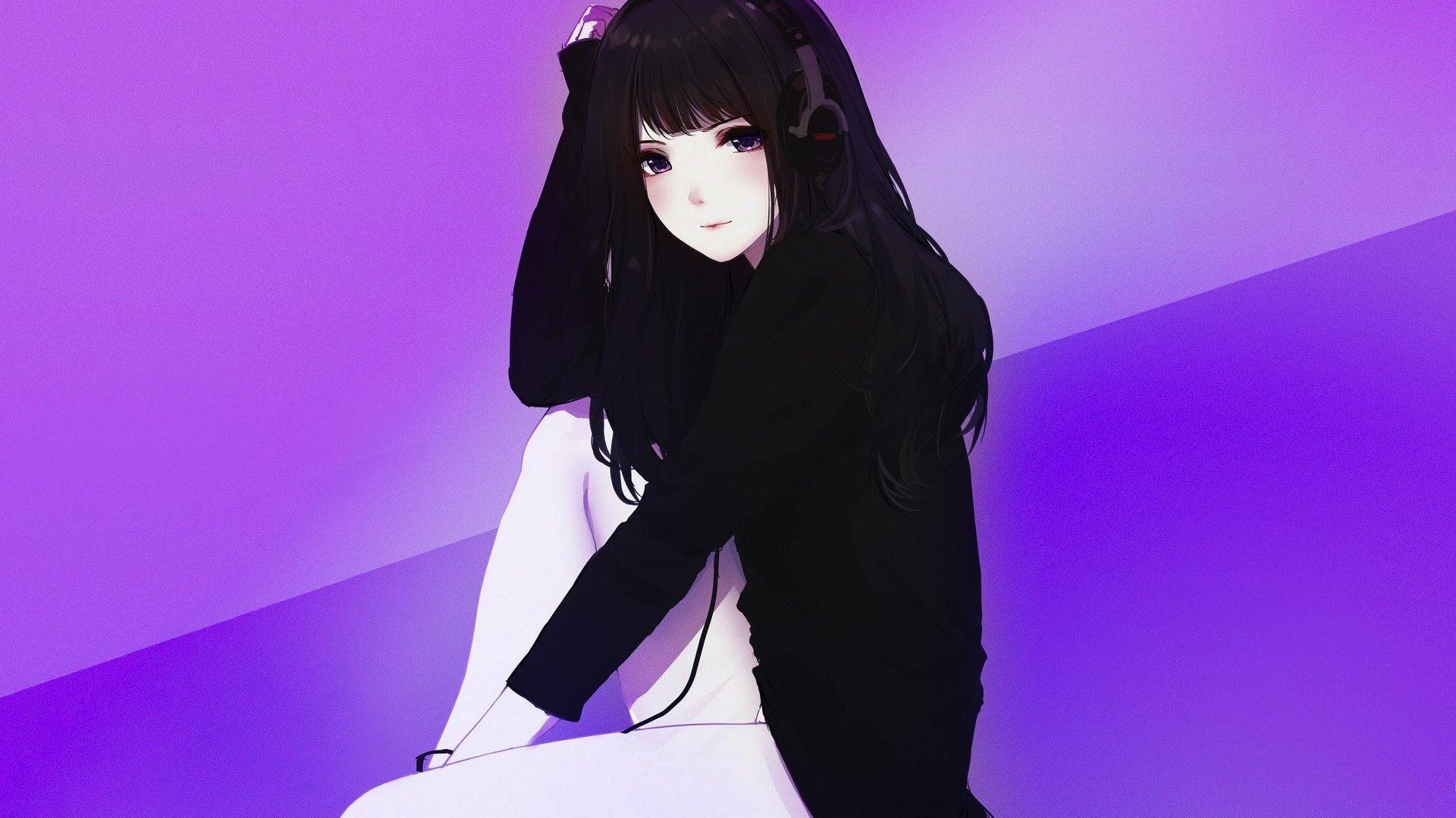 1920x1080 Desktop wallpaper headphone, cute, anime girl, black hoodie, HD image, picture, background, c095a4