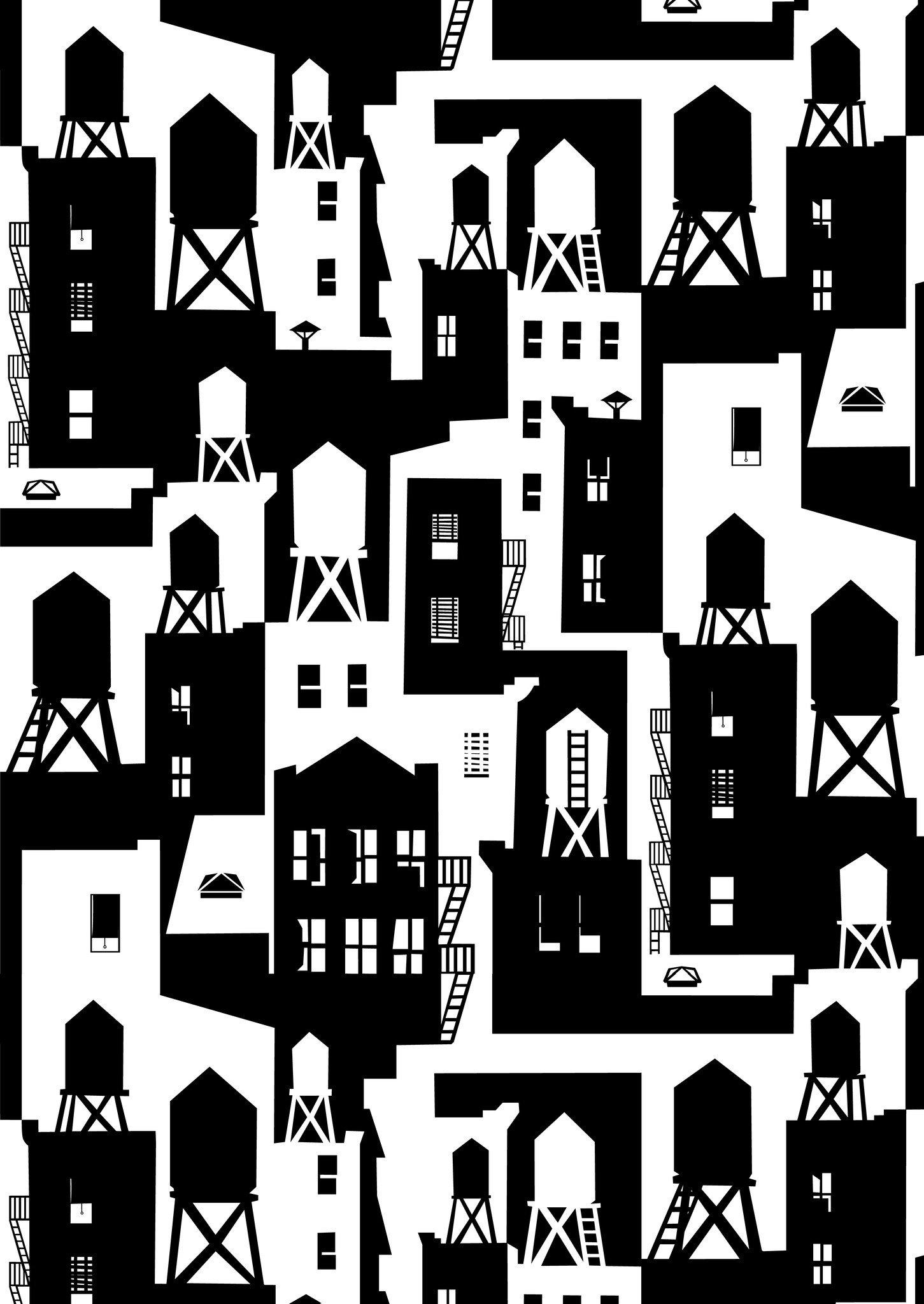 1451x2048 New York City Watertowers Wallpaper in Black & White design