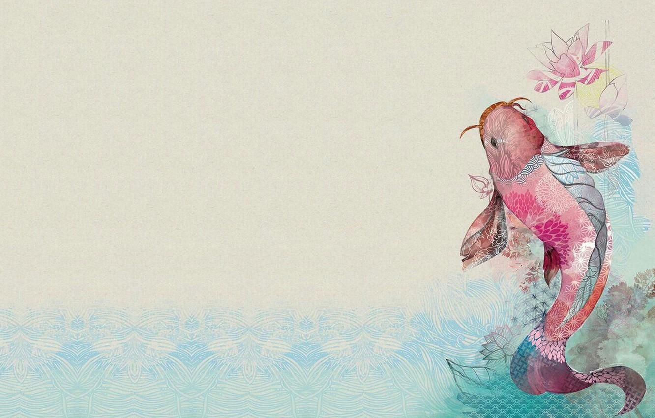 1332x850 Photo Wallpaper Fish, Art, Lotus, Goldfish, Fish, Illustration, Fish Art
