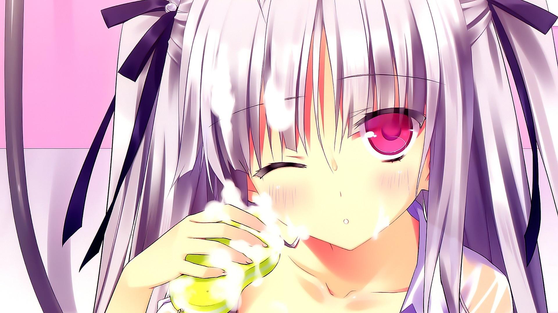 1920x1080 illustration, anime, anime girls, purple hair, black hair, twintails, Absolute Duo, Sigtuna Julie, pink eyes, soap, bathroom, mangaka. Mocah HD Wallpaper