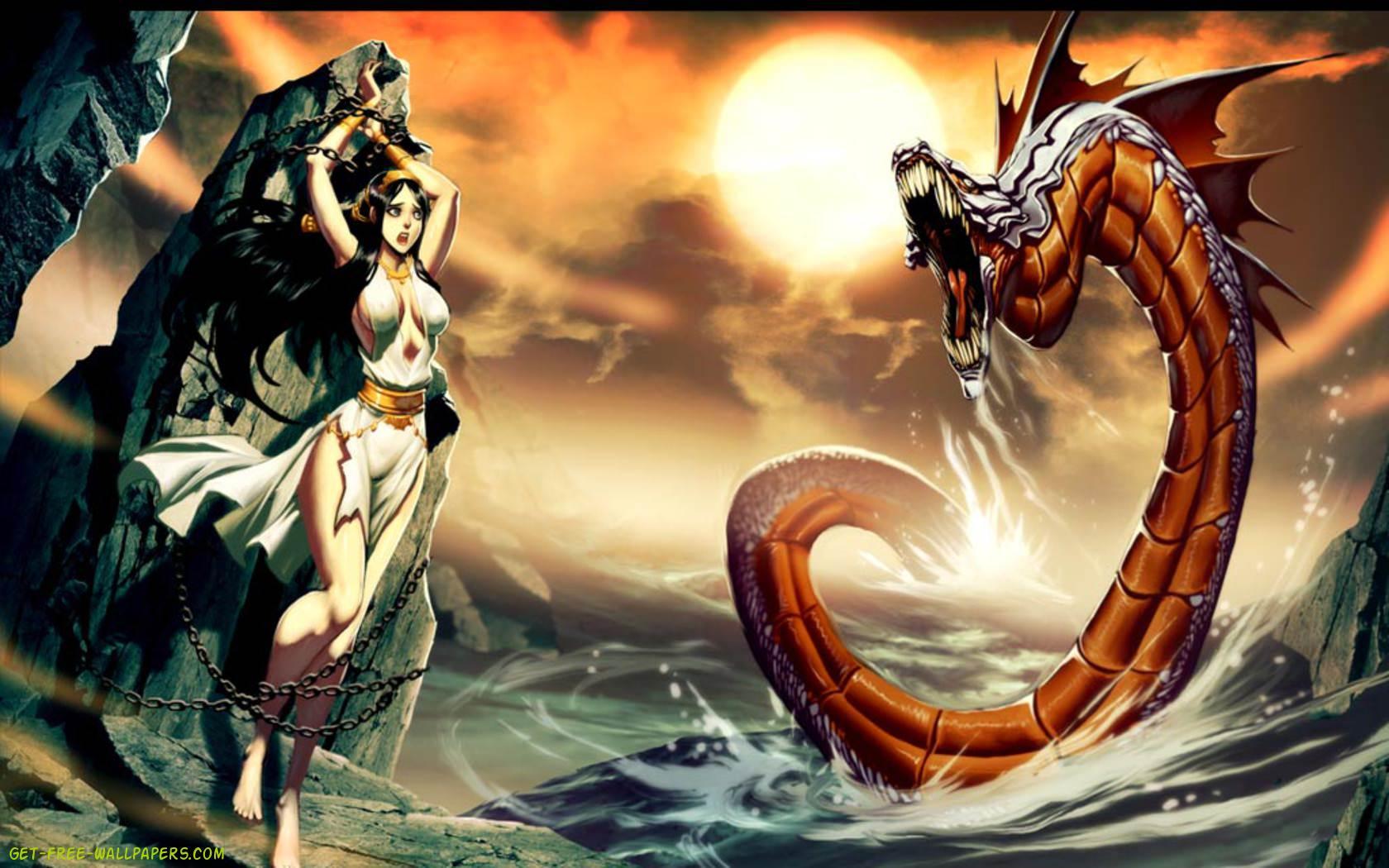 1680x1050 The Beautiful Female And Sea Monster Photo Killing The Serpent