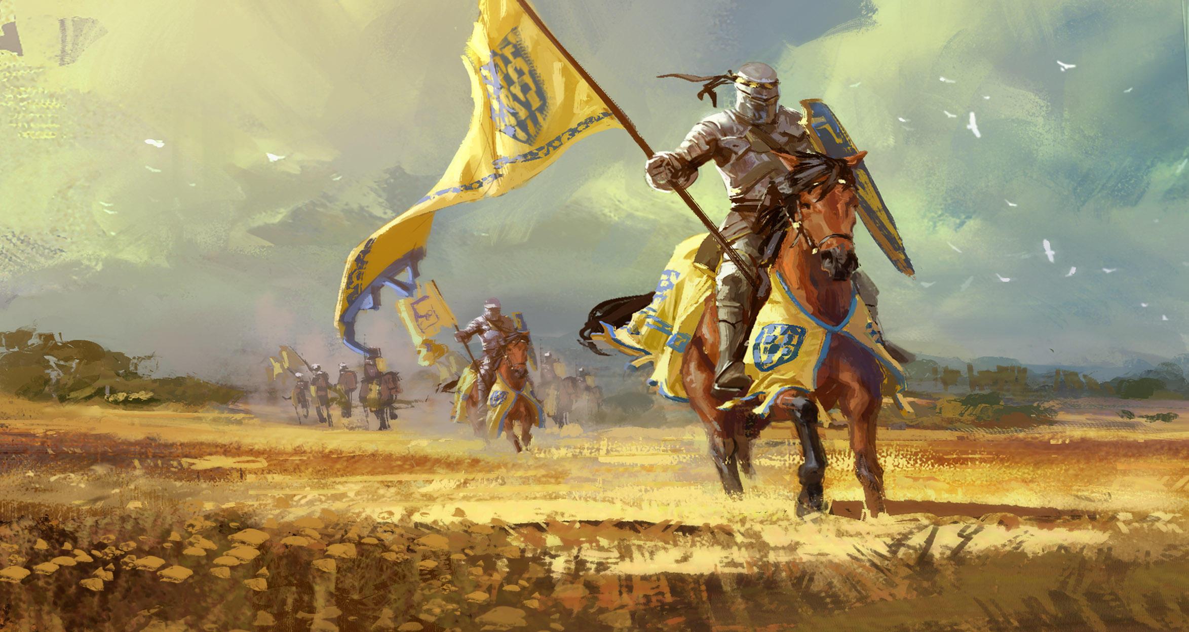 2347x1248 Banner, Warrior, Knight, Shield, Armor, Horse wallpaper