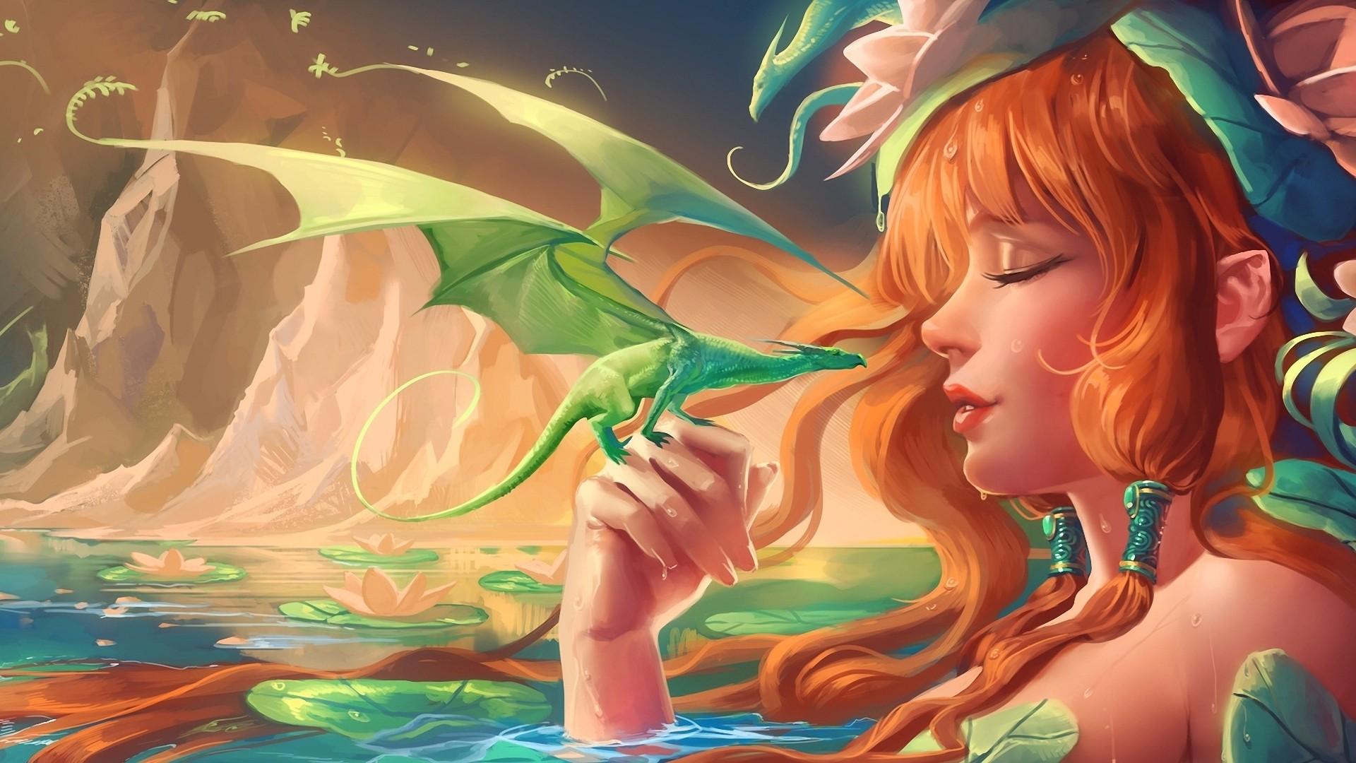 1920x1080 Girl with green dragon [1920x1080]: wallpaper