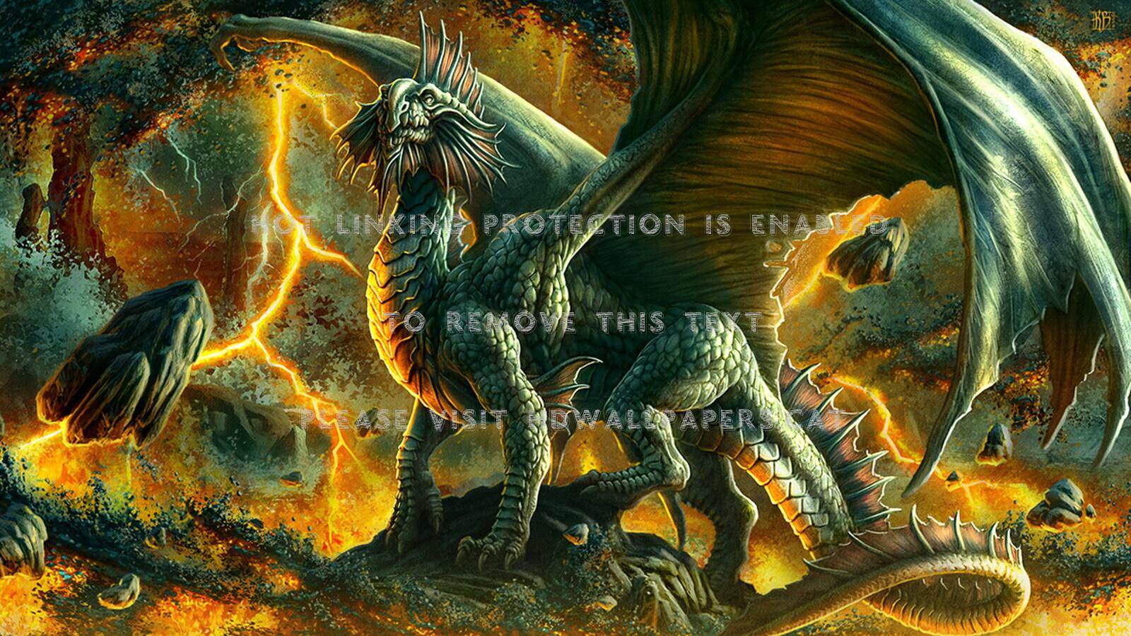 1600x900 green dragon strong lightning fantasy fire