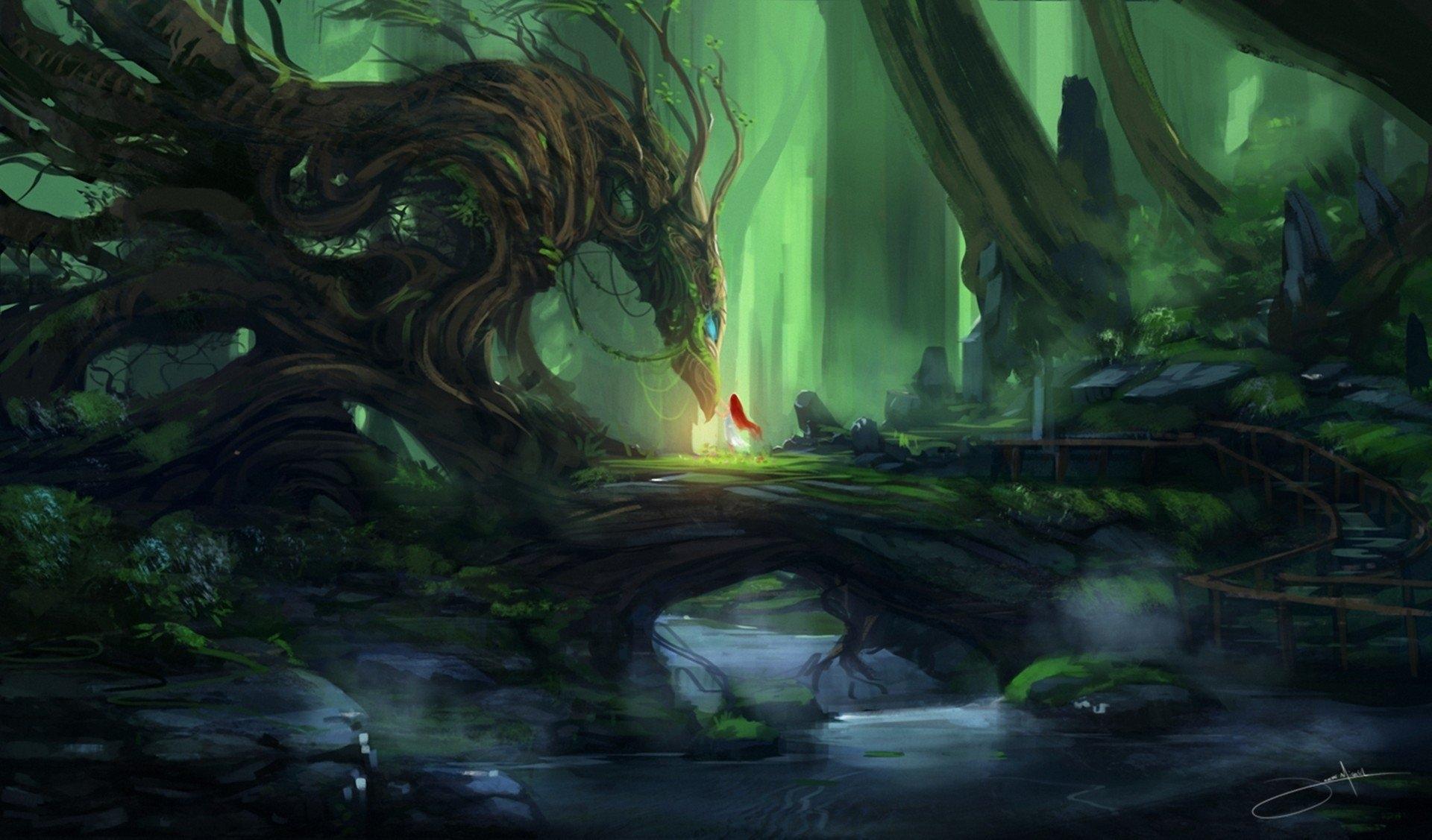 1920x1127 forest, art, fantasy, luminos, girl, green, dragon