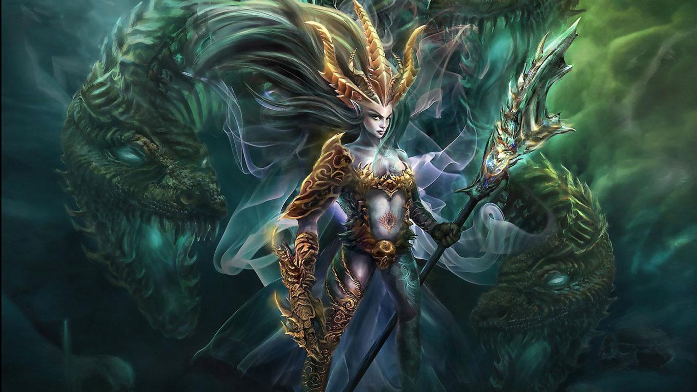 1366x768 Green Dragon Mythology Fictional Character Woman Warrior Mythical Creature Fantasy Art Artwork Wallpaper For Computer :