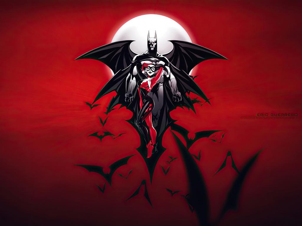 1024x768 Desktop wallpaper batman & harley quinn, flight, bats, artwork, HD image, picture, background, f3Dcd2