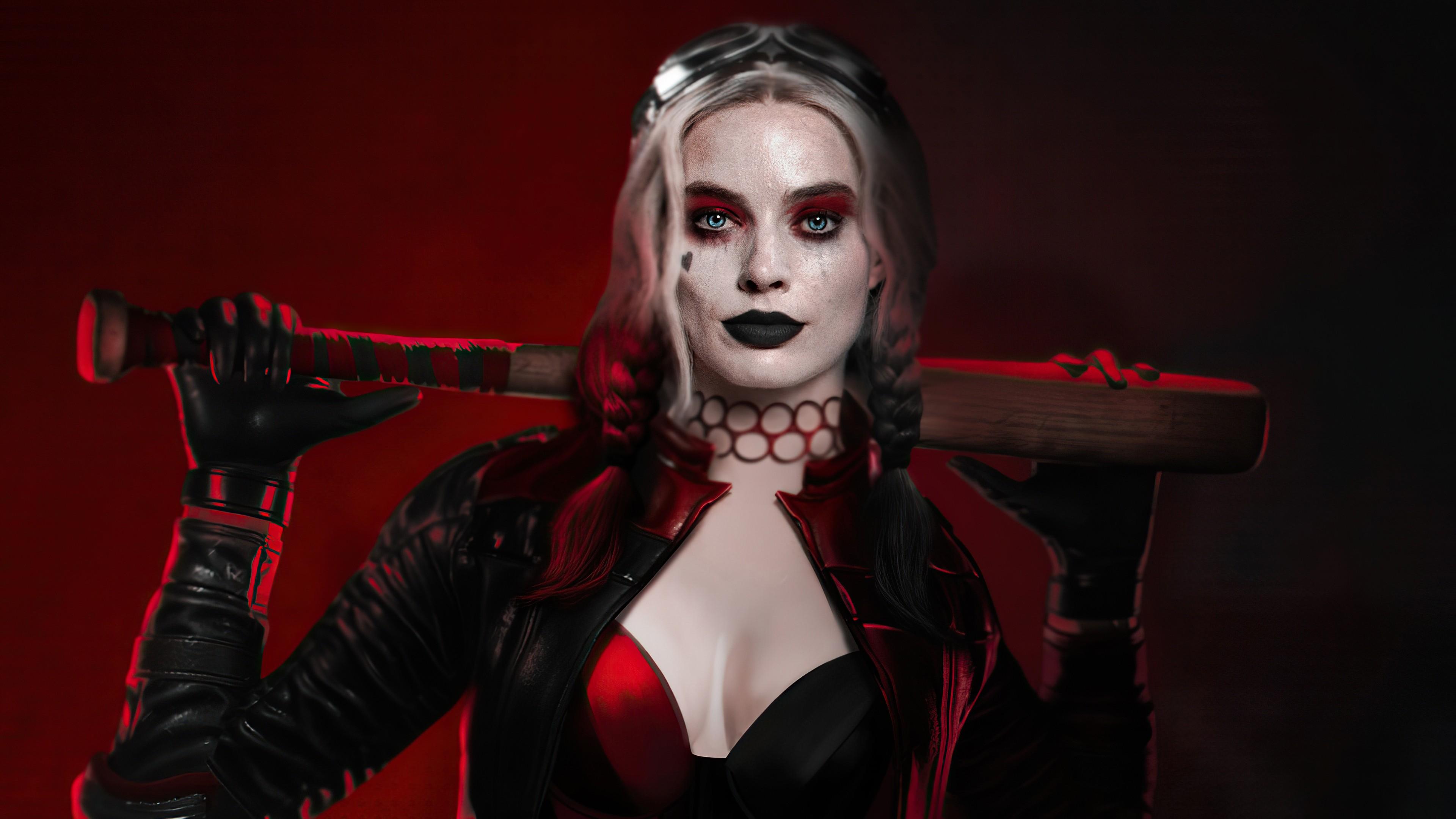 3840x2160 Harley Quinn With Blue Eyes In Red And Black Background 4K HD Harley Quinn Wallpaper