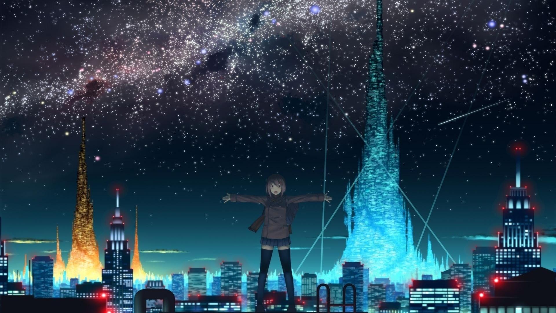1920x1080 1920x1080 night, city, Anime, lights, roof, girl, sky