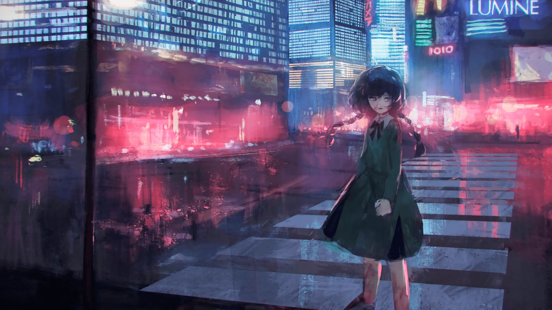1920x1080 Wallpaper / anime, manga, anime girls, city, night, short hair, braided hair, schoolgirl