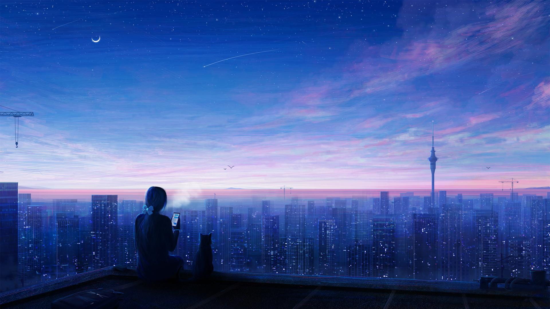 1920x1080 City night star girl mobile phone cat beautiful anime scenery 2k wallpaper