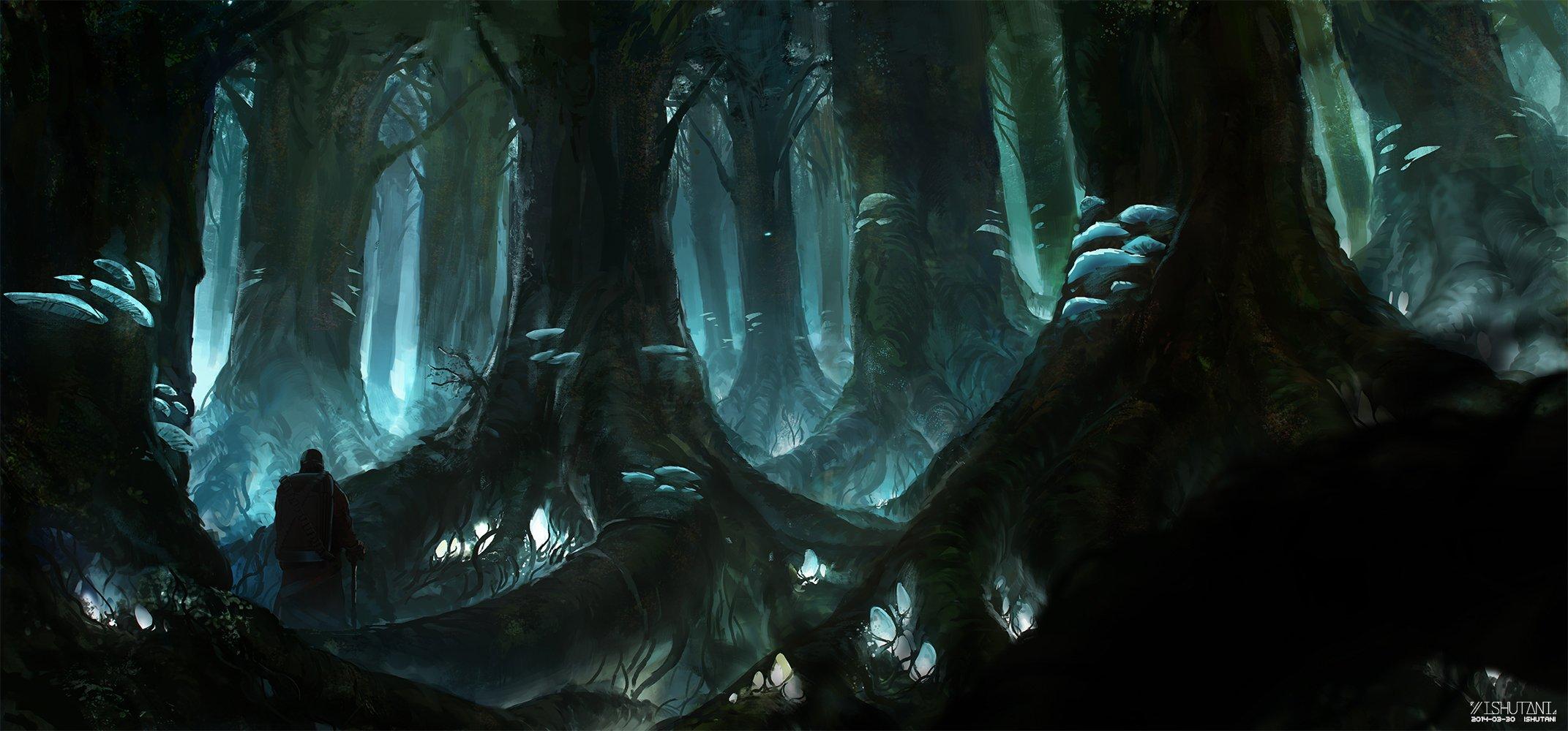 2143x1000 dark, Forest, Ishutani, Original, Scenic, Tree Wallpaper HD / Desktop and Mobile Background