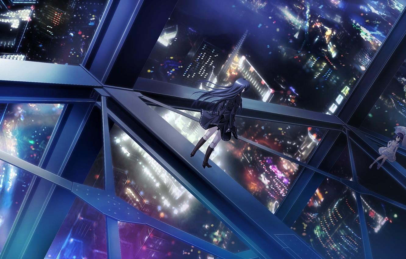 1332x850 Wallpaper night, the city, lights, girls, construction, home, umbrella, anime, art, makita maki, ichinose yua, shinigami no testament image for desktop, section прочее