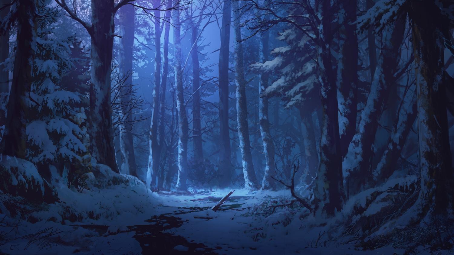 1500x844 blue dao dao dark forest night nobody original scenic snow tree winter. konachan.com.com Anime Wallpaper