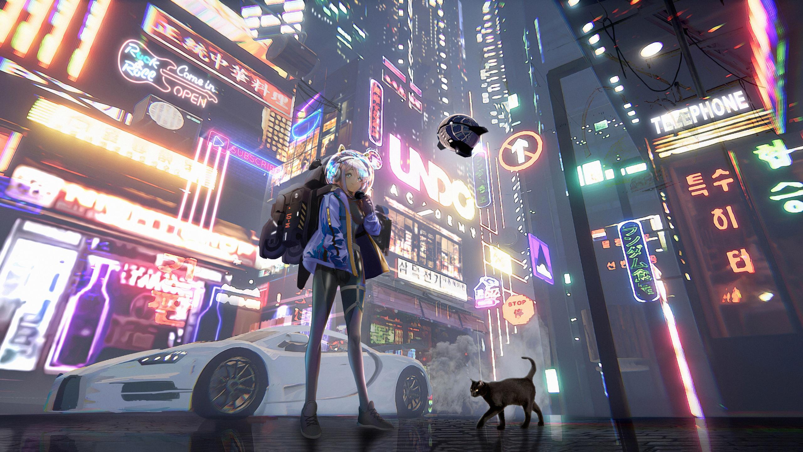 2560x1440 Wallpaper 4k Anime Girl Time In A City Wallpaper