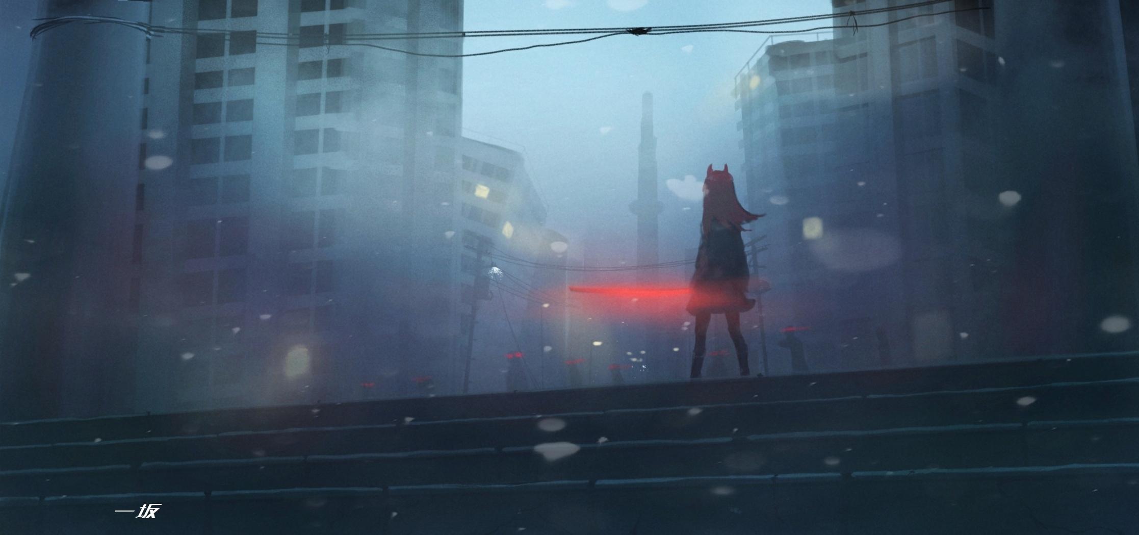 2234x1049 Download 2234x1049 Post Apocalyptic, Anime City, Buildings, Anime Girl, Darkness, Night, Red Hair Wallpaper