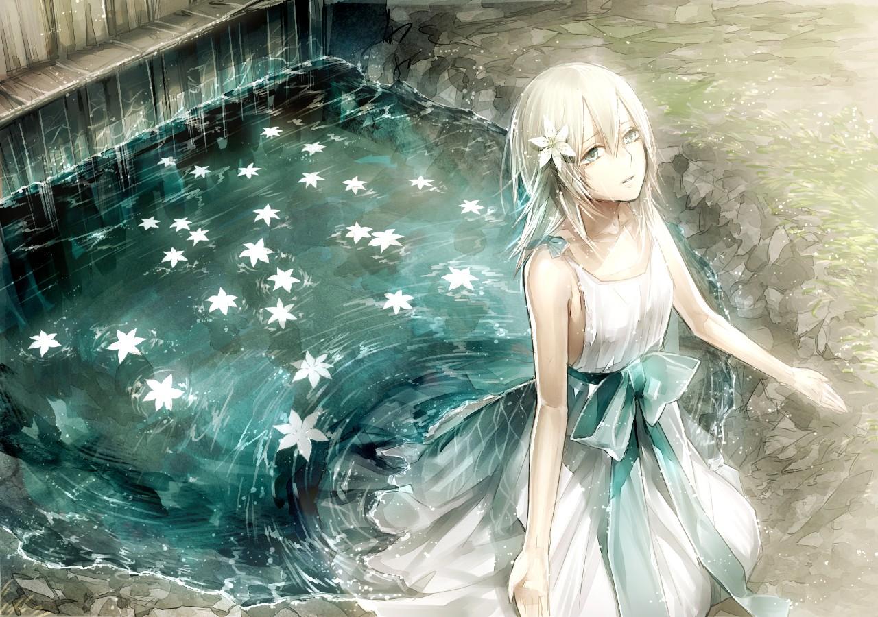 1280x900 #flower in hair, #anime girls, #anime, #ribbon, #Yonah (Nier), #water, #white dress, #flowers, #NieR, wallpaper. Mocah HD Wallpaper