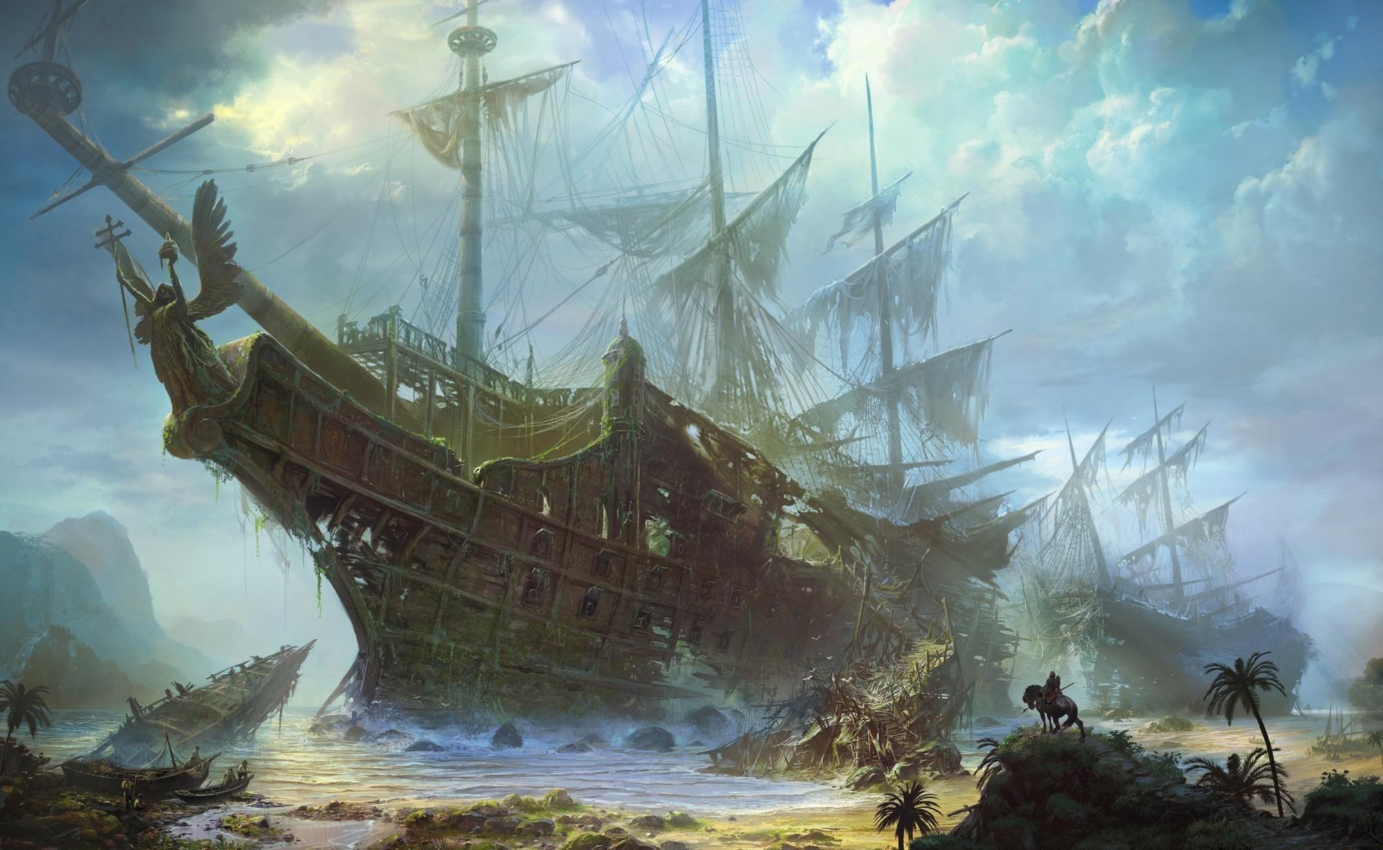 2000x1230 Ships, Old, Wreckage, Beach, Sea, Sky, Clouds wallpaper