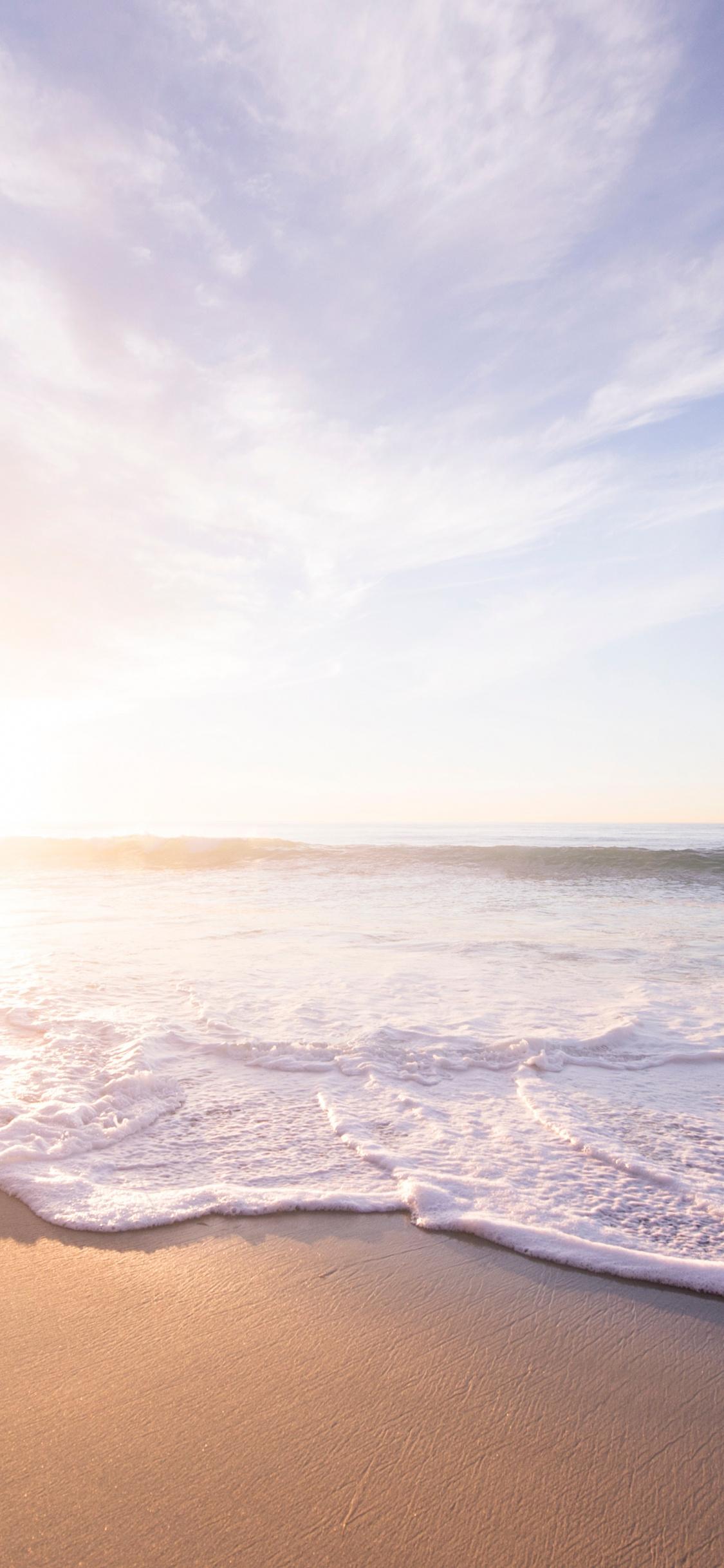 1125x2436 Soft, sea waves, beach, seashore, sunrise wallpaper, 4928x HD image, picture, 4821aa2c