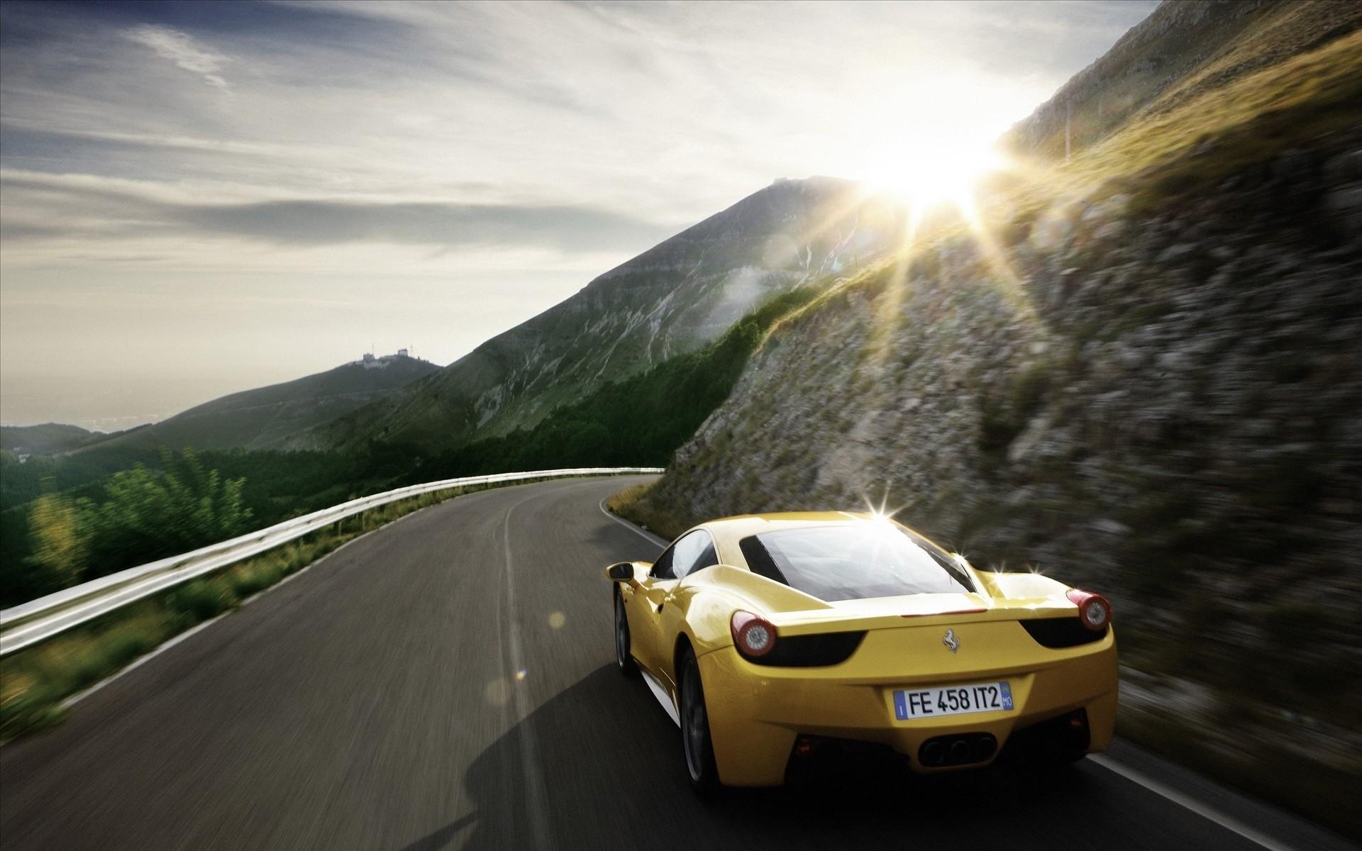 1920x1200 car sports car super car ferrari 458 sunlight road nature mountain trees forest clouds motion blur rear view shadow wallpaper