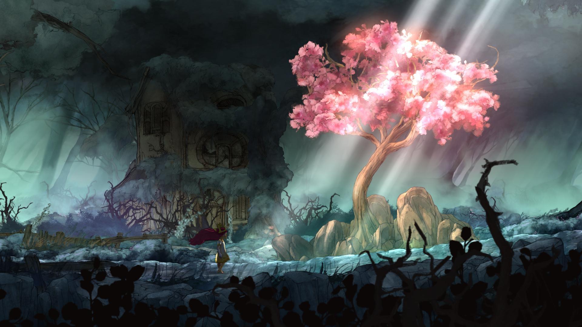 1920x1080 art, tree, fantasy, luminos, child of light, pink