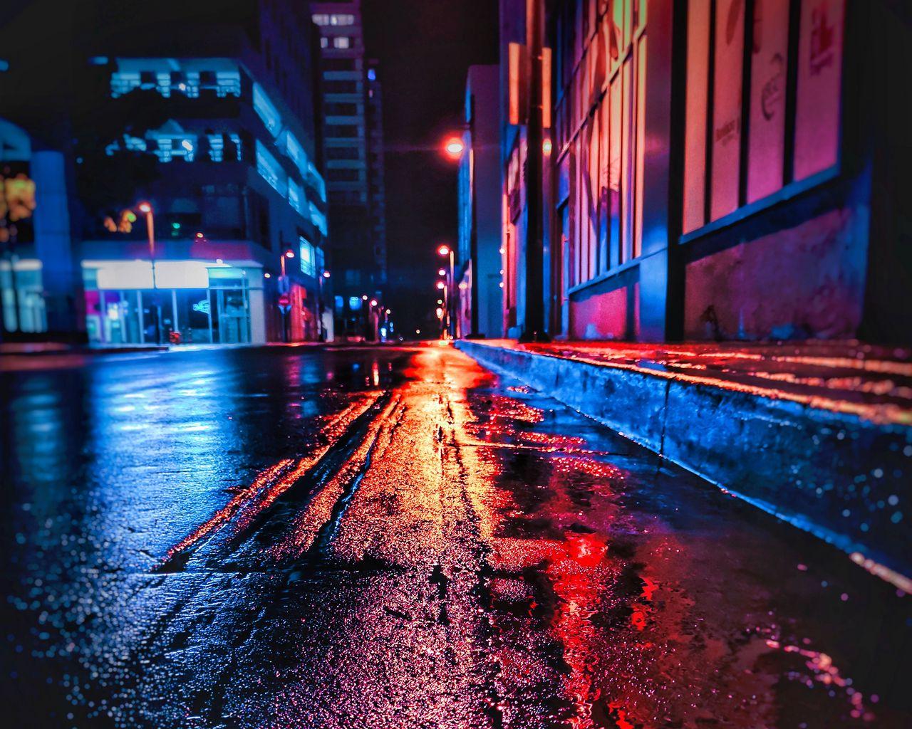1280x1024 Download wallpaper 1280x1024 street, night, wet, neon, city standard 5:4 HD background