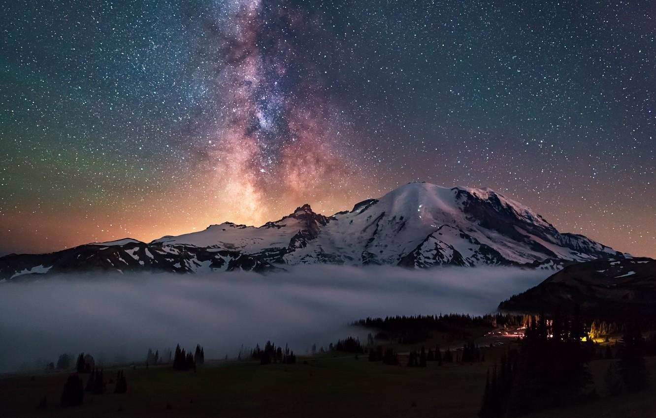 1332x850 Wallpaper forest, the sky, stars, light, night, lights, mountain, USA, the milky way, national Park, Washington, The cascade mountains, stratovolcano, Mount Rainier image for desktop, section пейзажи