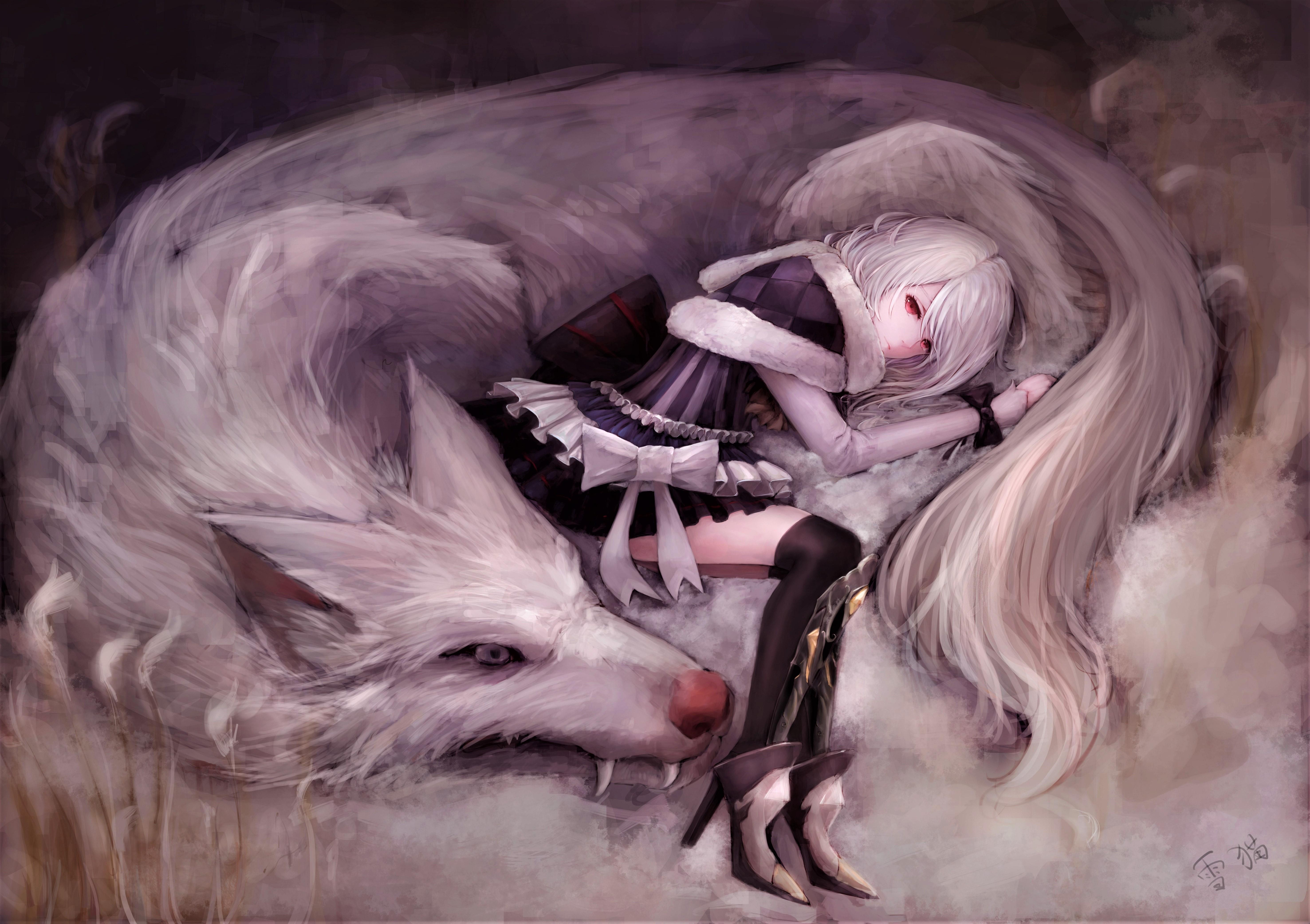 5906x4169 Girl, bow (Clothing), Wolf, Fangs, Blonde, Resting, Anime wallpaper