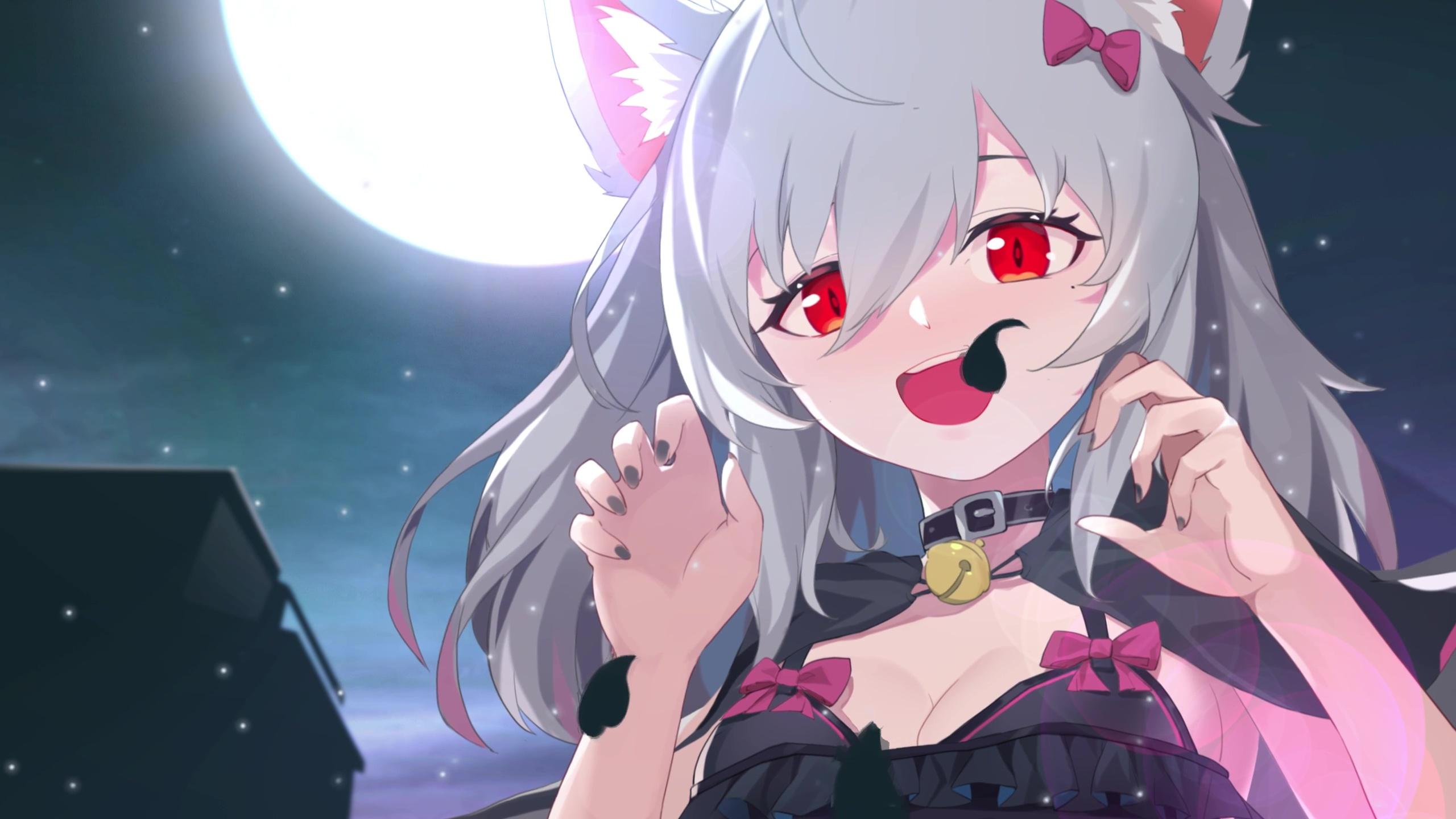2560x1440 Anime Girl Wolf with Red bright eyes Live Wallpaper