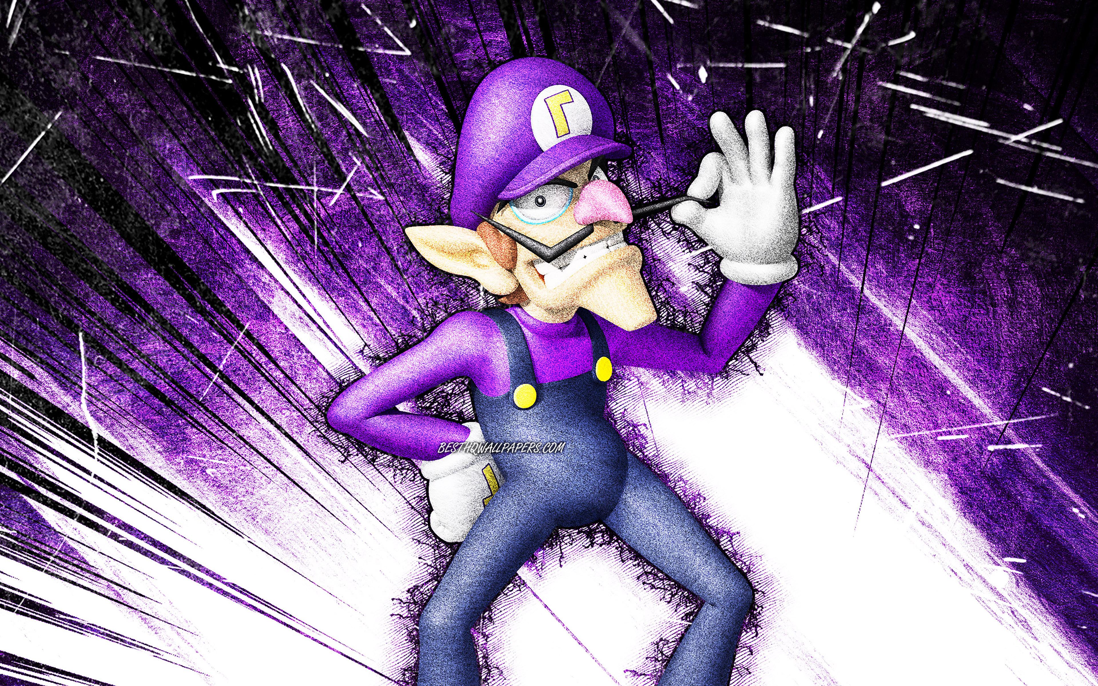 3840x2400 Download wallpaper 4k, Waluigi, grunge art, Super Mario, cartoon plumber, violet abstract rays, Super Mario characters, Super Mario Bros, Waluigi Super Mario for desktop with resolution 3840x2400. High Quality HD picture wallpaper