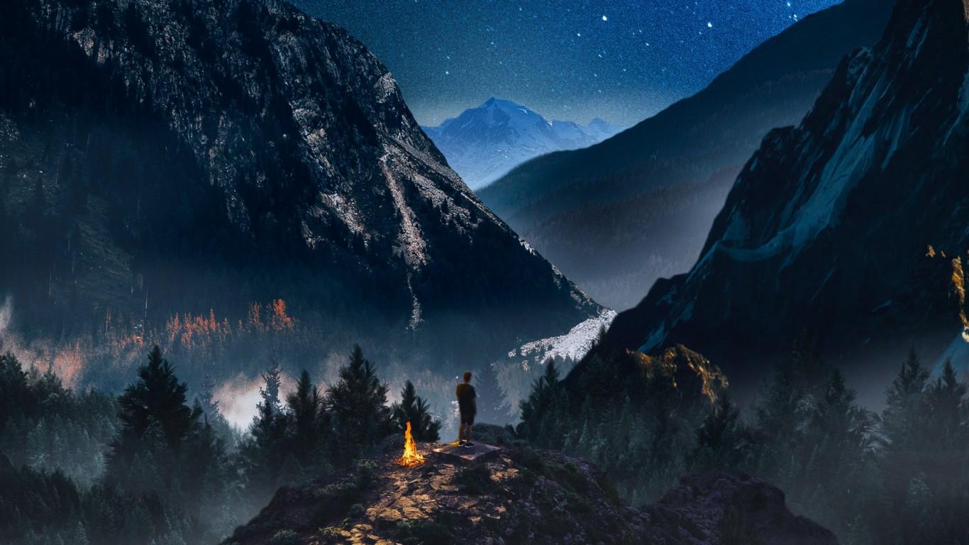1366x768 Camping at night HD Wallpaper 1366x768