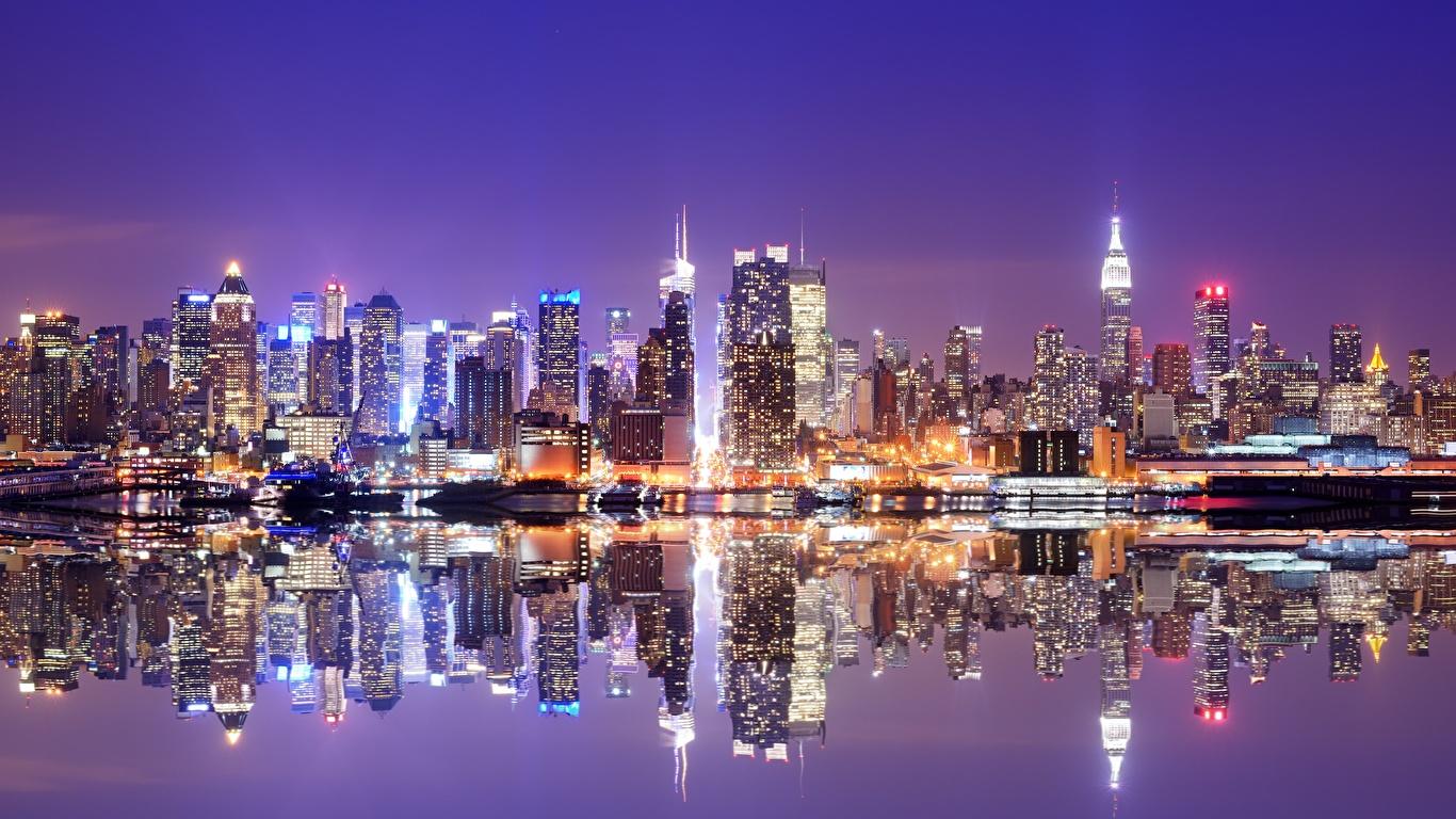 1366x768 image New York City USA Sea night time Skyscrapers Street 1366x768