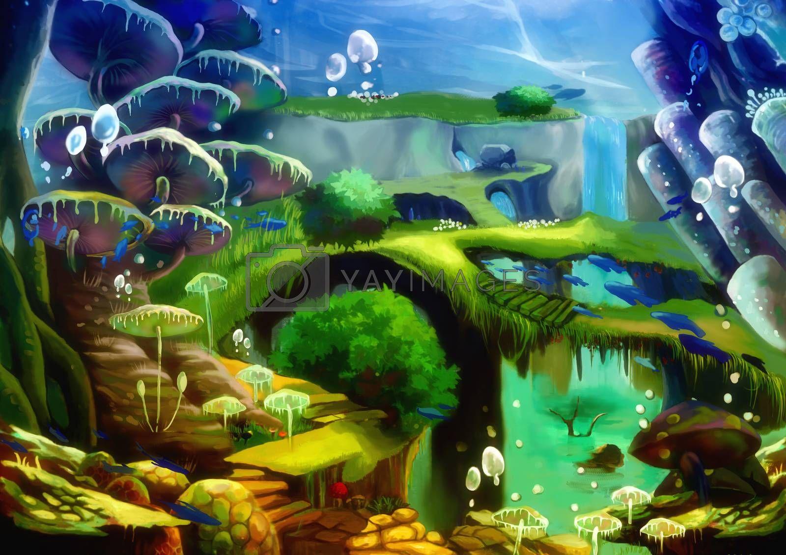 1600x1131 Royalty Free Image. Illustration: Underwater World: Waterfall under the Sea; Flying Fish; Bridge; Stone Stairs. A harmonious Community here. Story with Fantastic Cartoon Style Scene Wallpaper Background Design