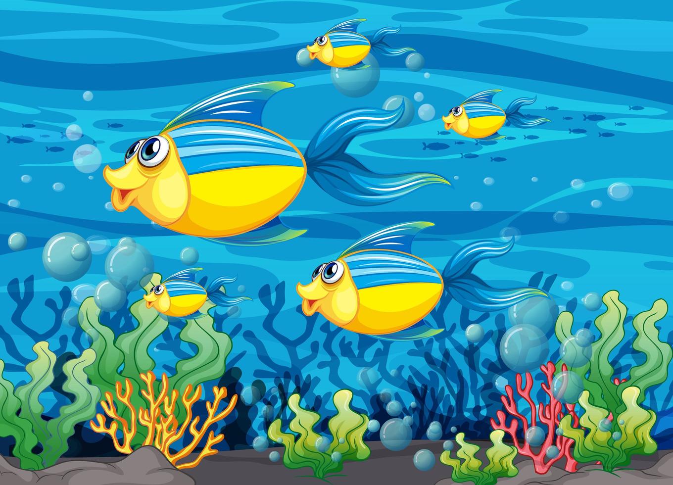 1360x980 Many exotic fishes cartoon character in the underwater background