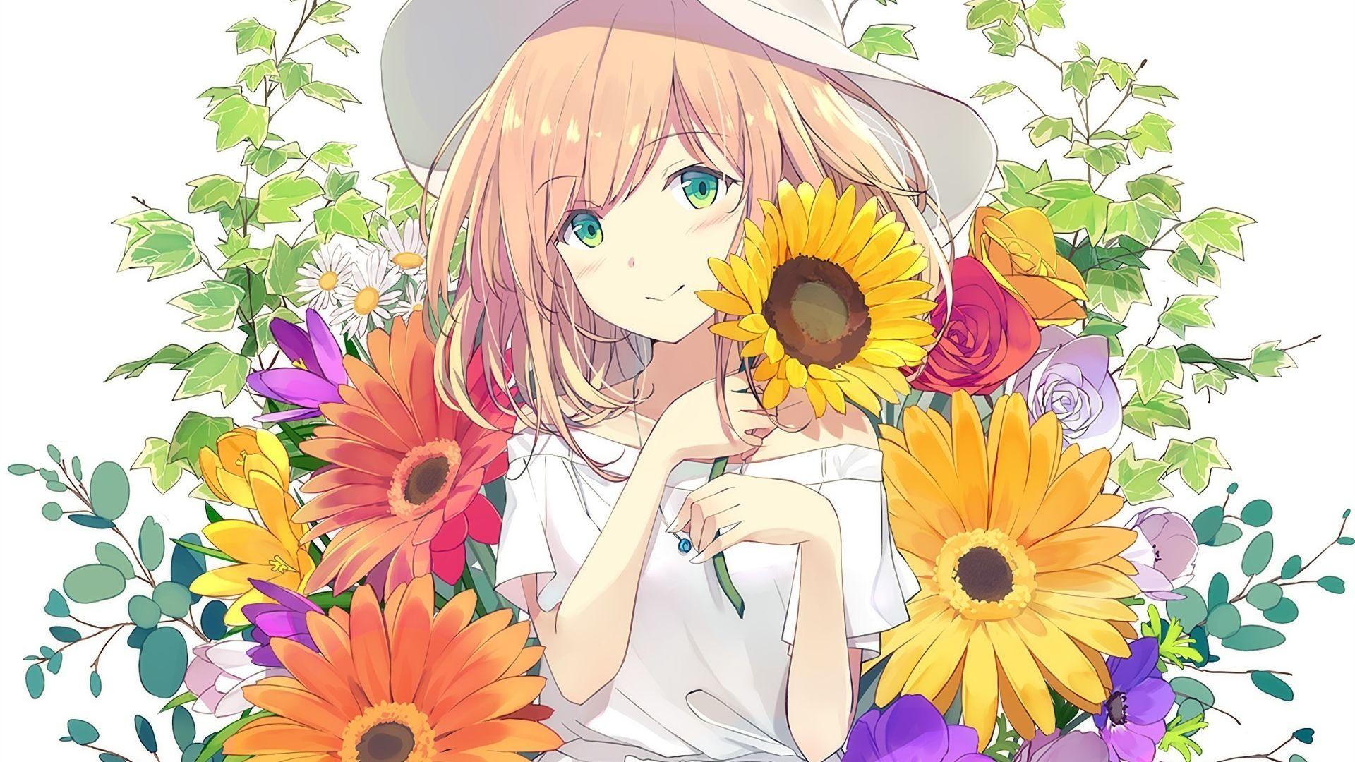 1920x1080 Desktop wallpaper cute, anime girl, flowers, HD image, picture, background, d4966d