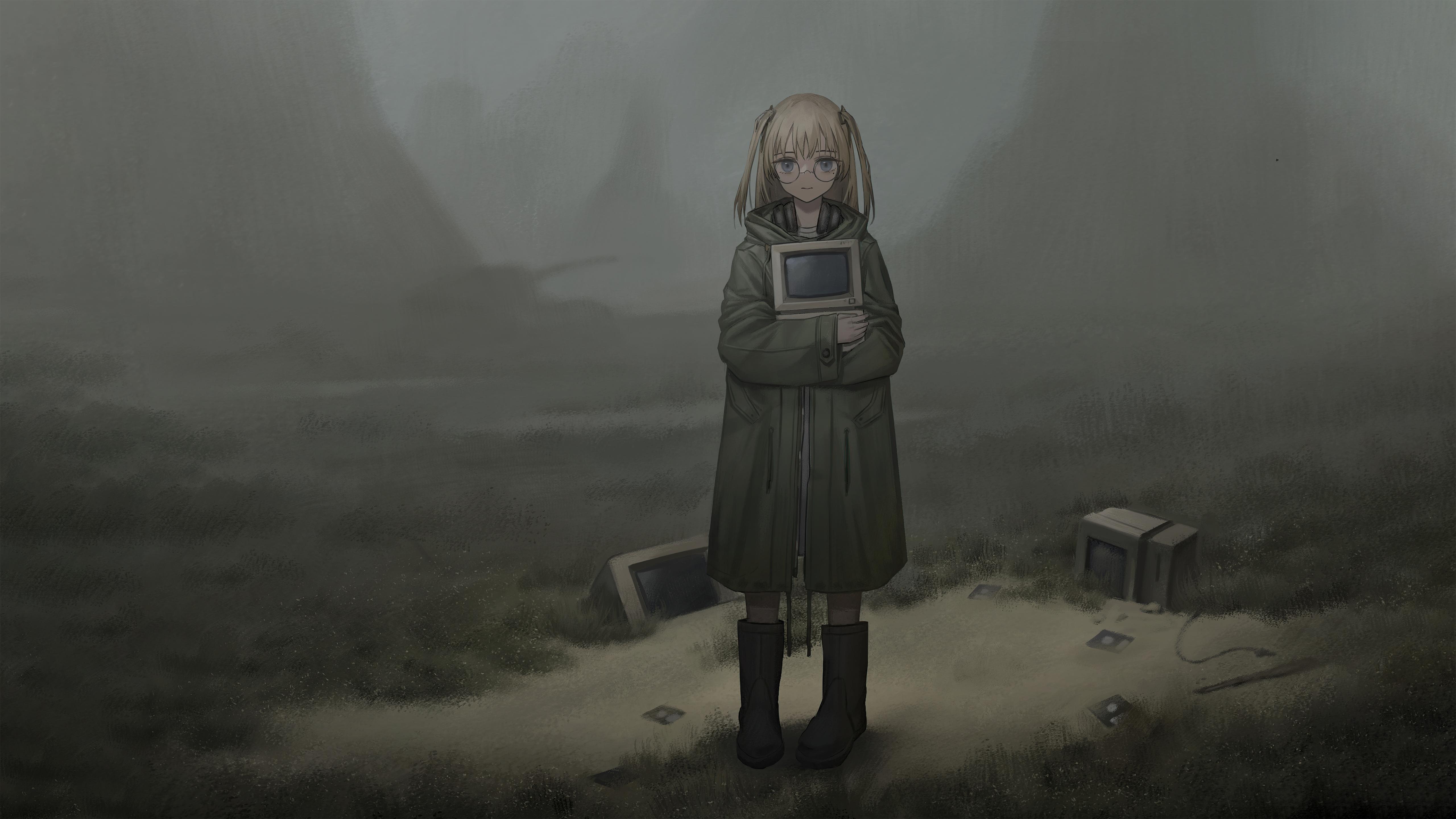 5120x2880 Anime Girl With Old Computer Desktop Walking 5k, HD Anime, 4k Wallpaper, Image, Background, Photo and Picture
